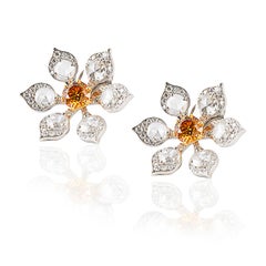 GIA Certified Yellow Diamond, Brilliant & Rose Cut Diamond Sunflower Earrings