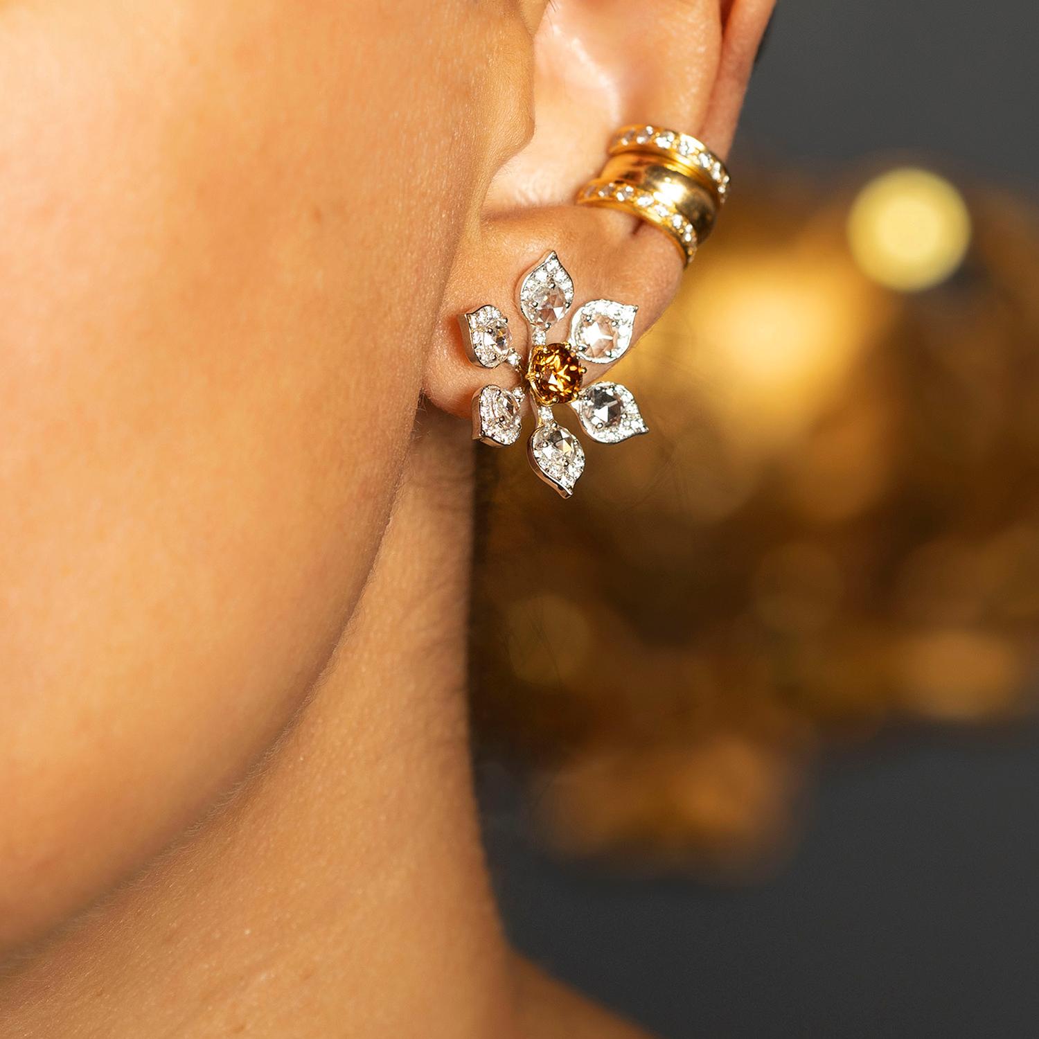 Brilliant Cut GIA Certified Yellow Diamond, Brilliant & Rose Cut Diamond Sunflower Earrings For Sale