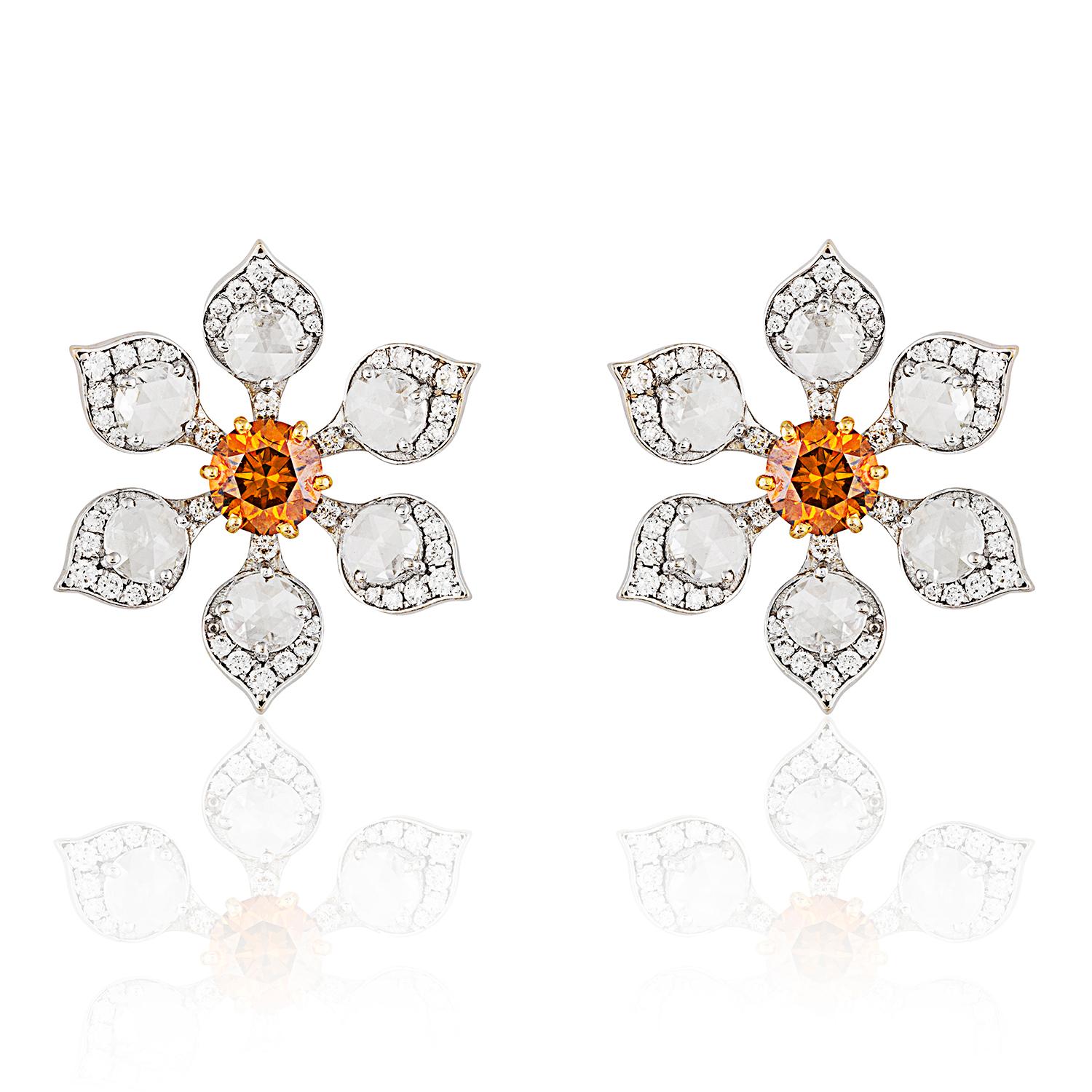 GIA Certified Yellow Diamond, Brilliant & Rose Cut Diamond Sunflower Earrings In New Condition For Sale In London, W1U 2JG