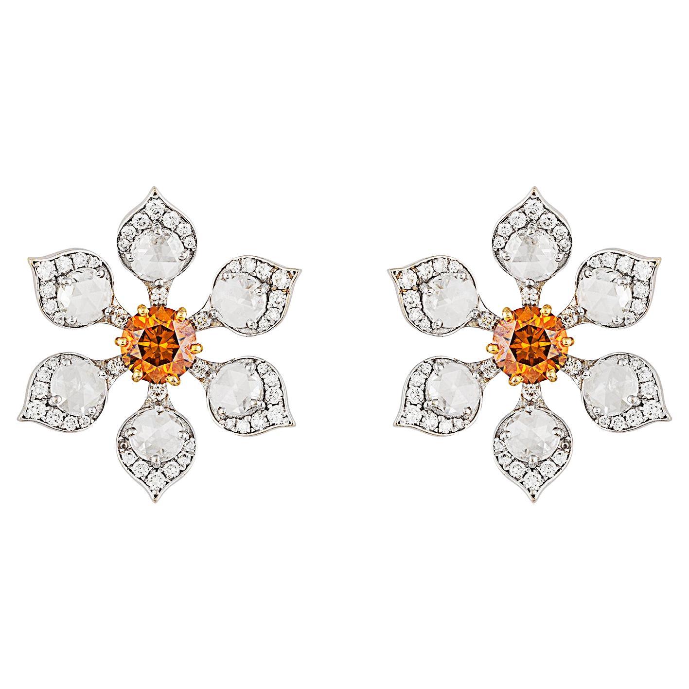 GIA Certified Yellow Diamond, Brilliant & Rose Cut Diamond Sunflower Earrings For Sale