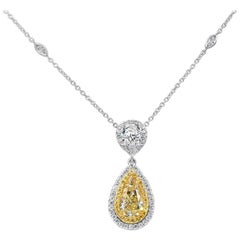 Roman Malakov GIA Certified Yellow Diamond Double Halo Pendant Drop Necklace