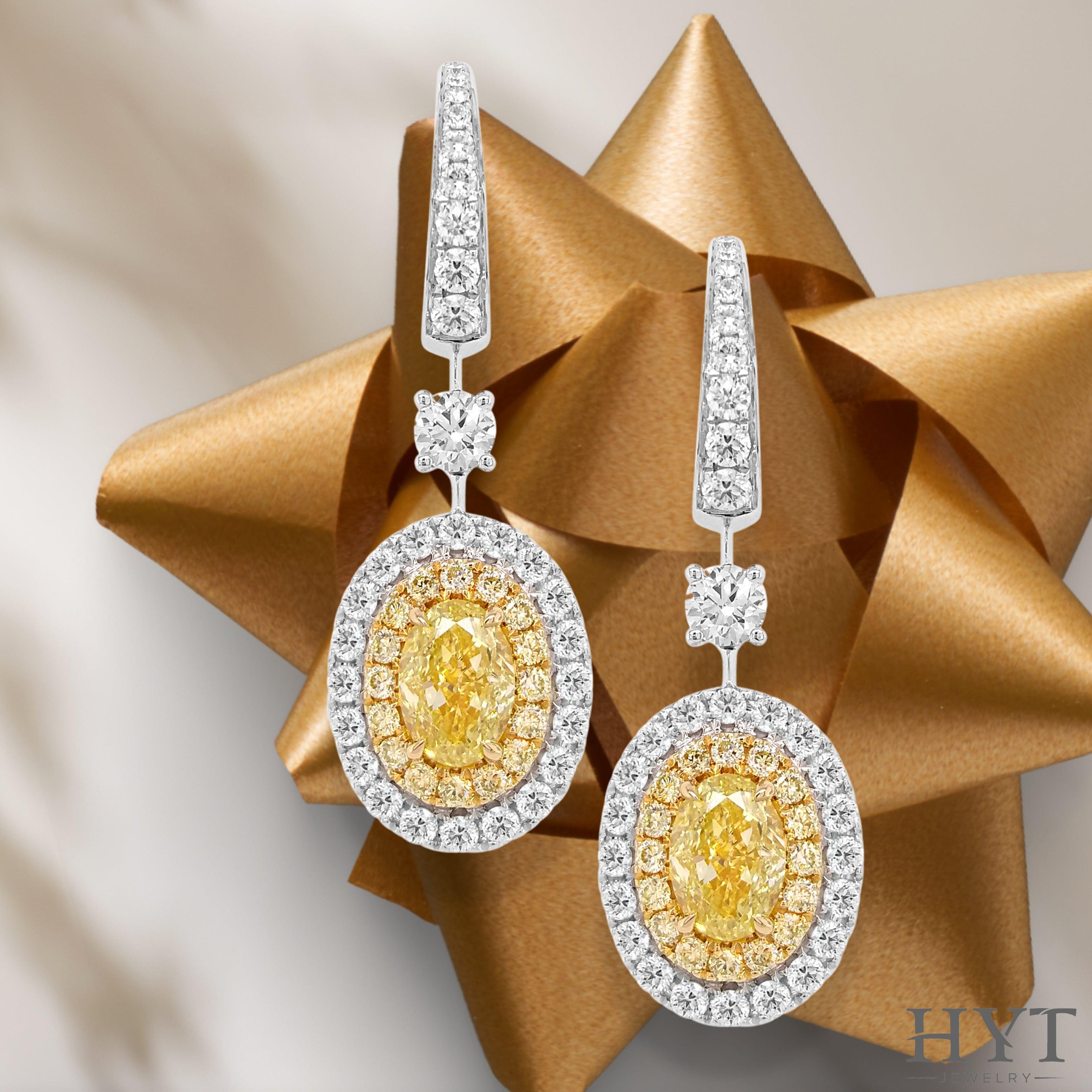 Oval Cut GIA Certified Oval Yellow Diamond White Diamond 18K Gold Dangling Earrings For Sale