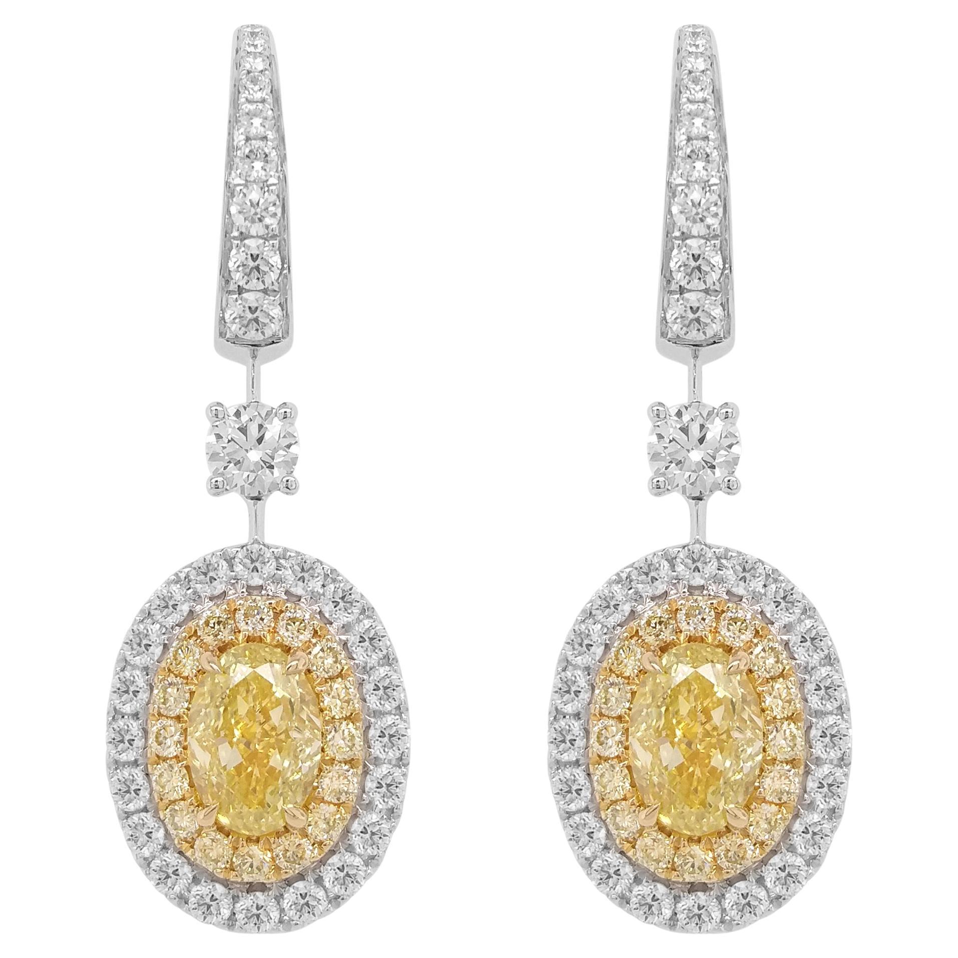 GIA Certified Oval Yellow Diamond White Diamond 18K Gold Dangling Earrings