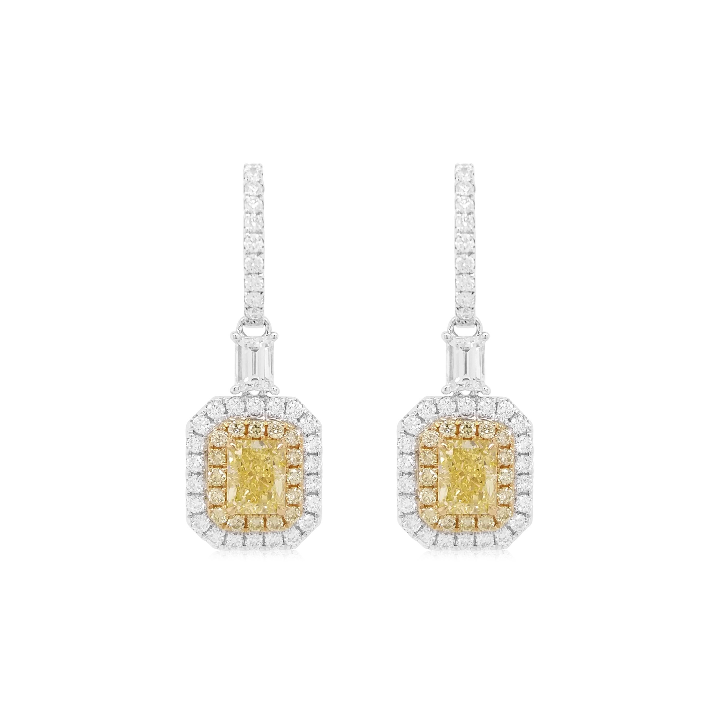 Art Deco GIA Certified Rectangular cut Yellow Diamond White Diamond 18K Gold Earrings For Sale
