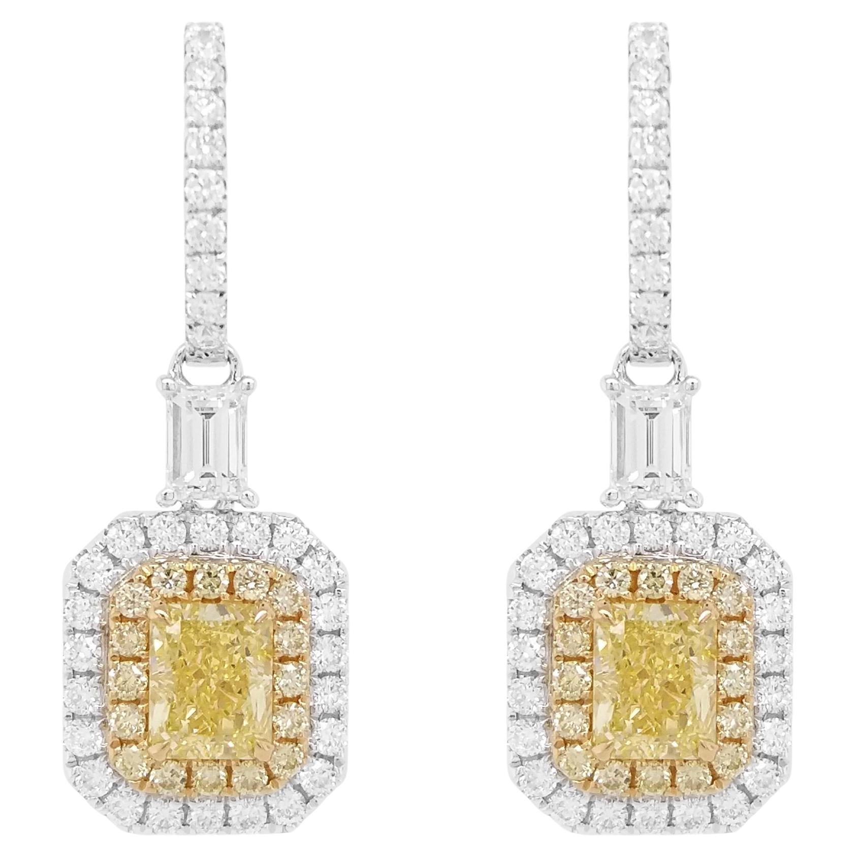 GIA Certified Rectangular cut Yellow Diamond White Diamond 18K Gold Earrings