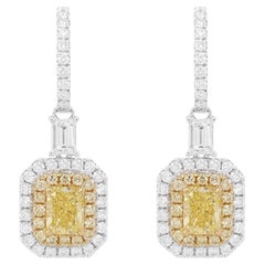 GIA Certified Rectangular cut Yellow Diamond White Diamond 18K Gold Earrings