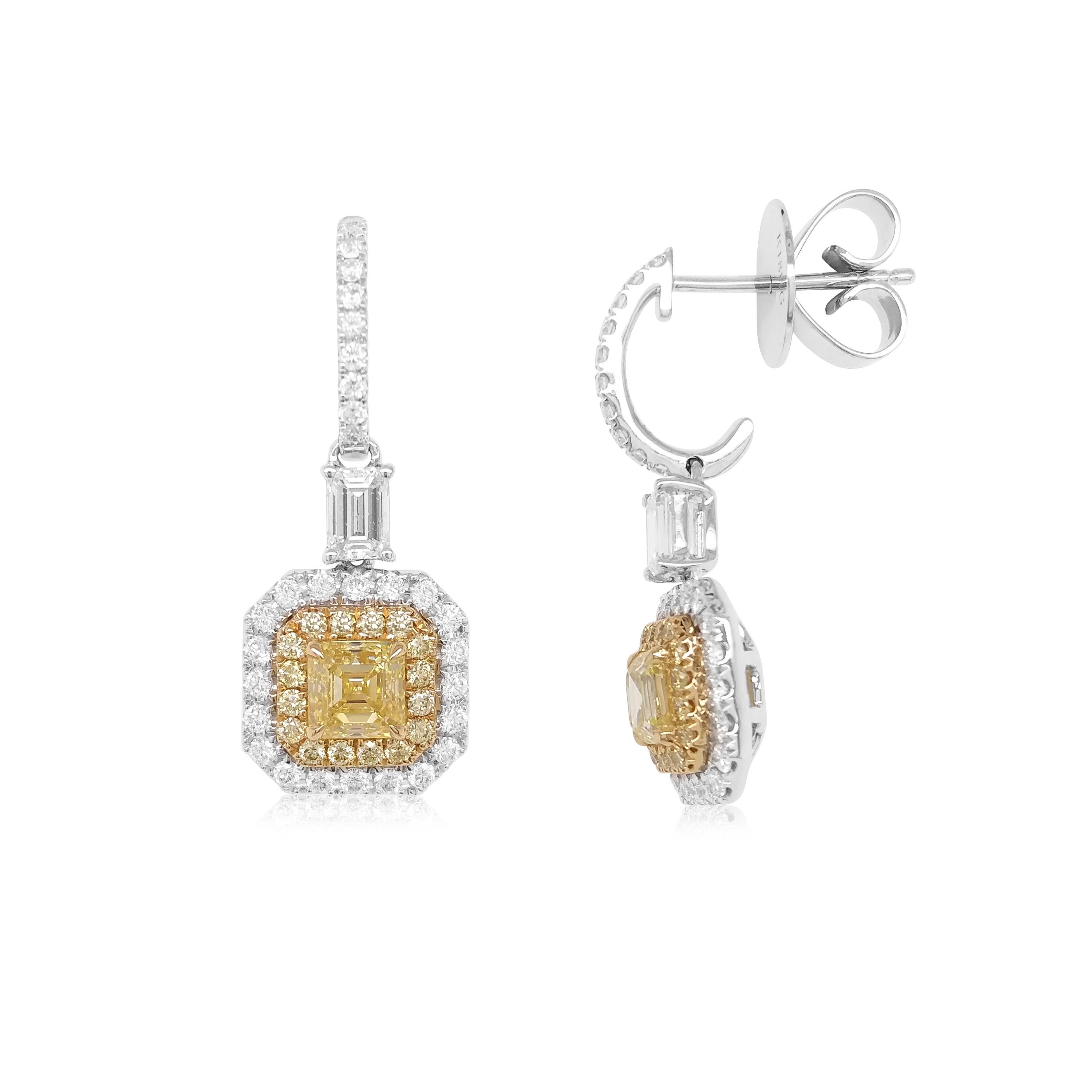 These intricate earrings feature glistening square-emerald-cut Yellow diamonds at the heart of the design, suspended from clusters of sparkling emerald-cut and round brilliant-cut white diamonds. Each diamond has been matched by our experts. 
-