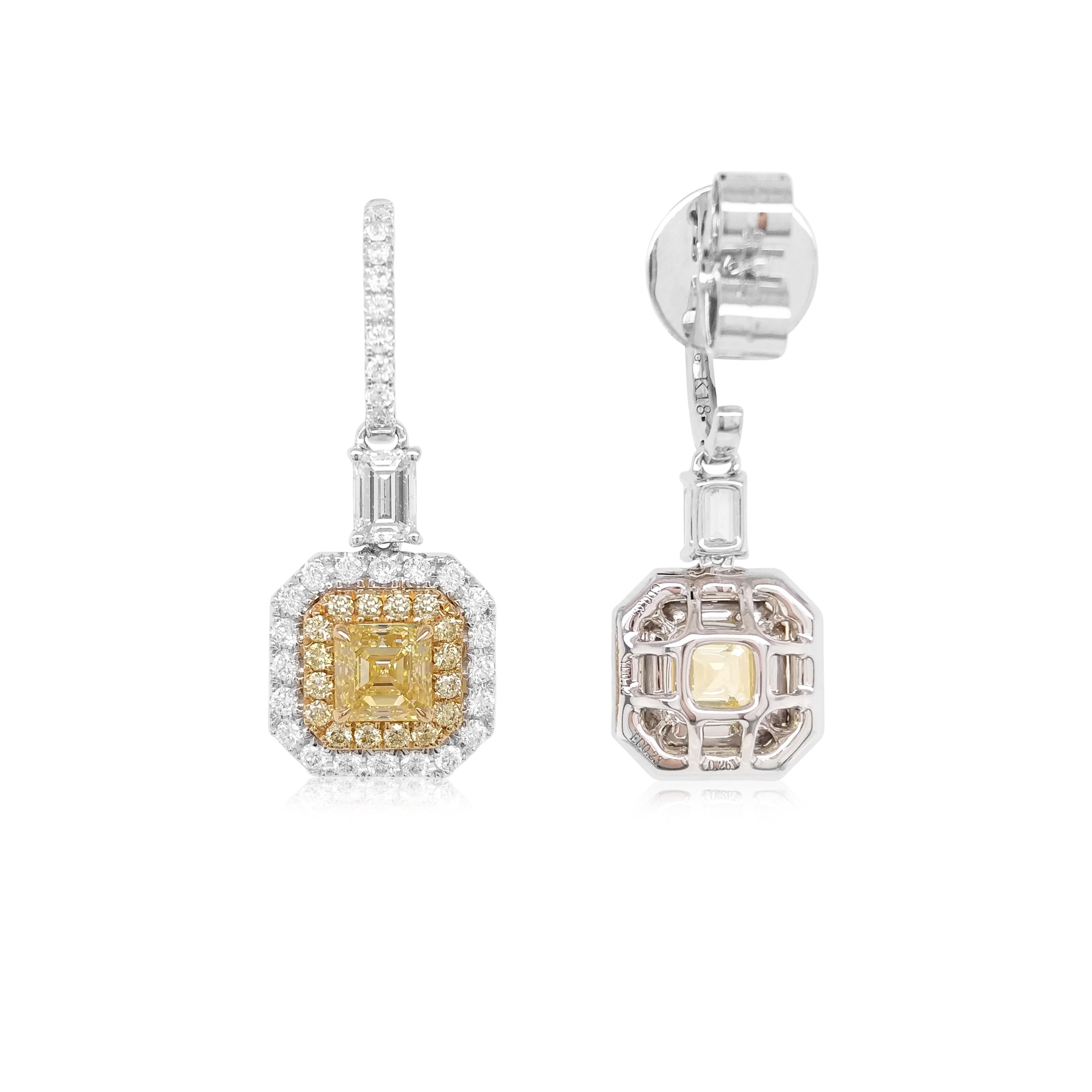 Contemporary GIA Certified Yellow Diamond White Diamond 18K Gold Dangle Earrings