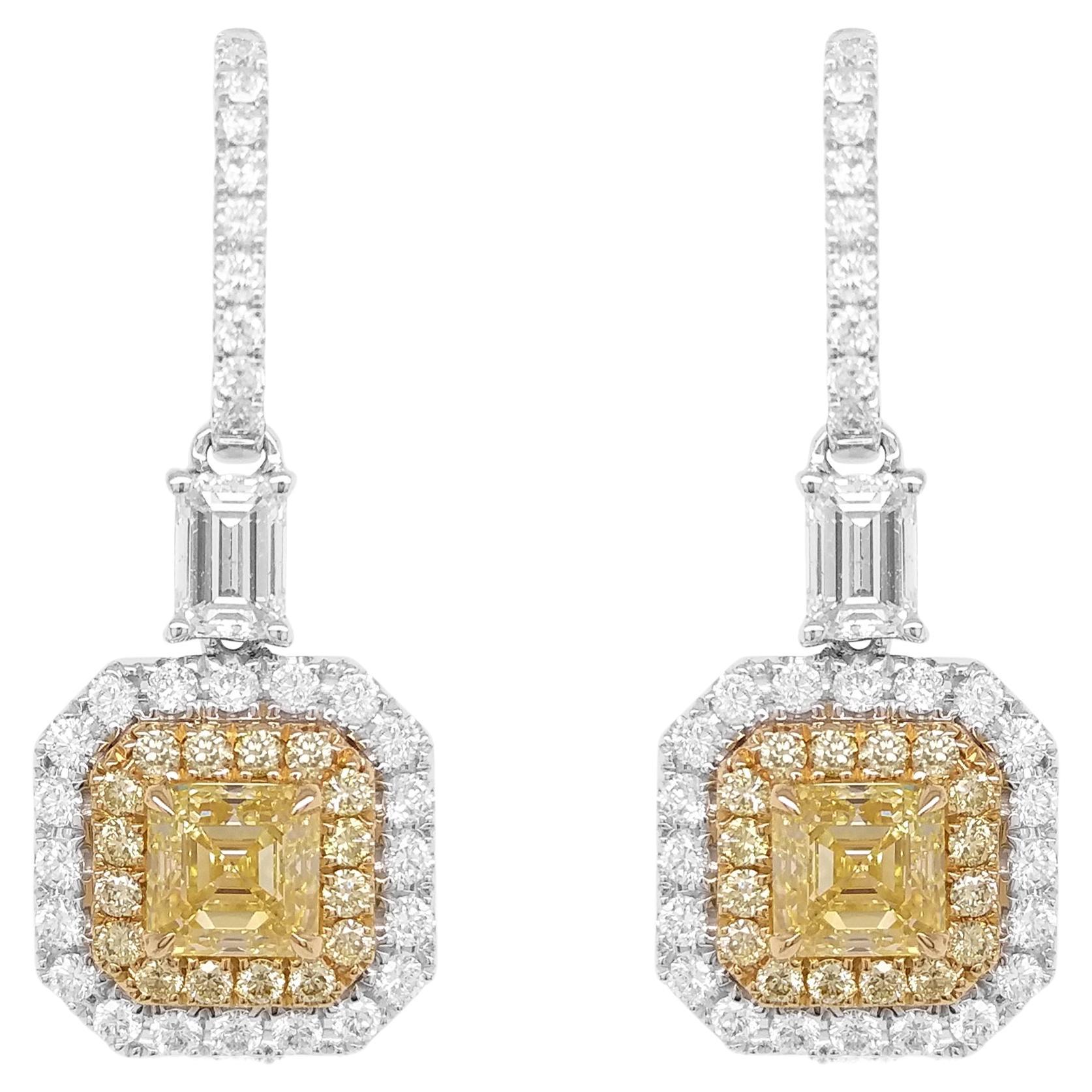 GIA Certified Yellow Diamond White Diamond 18K Gold Dangle Earrings