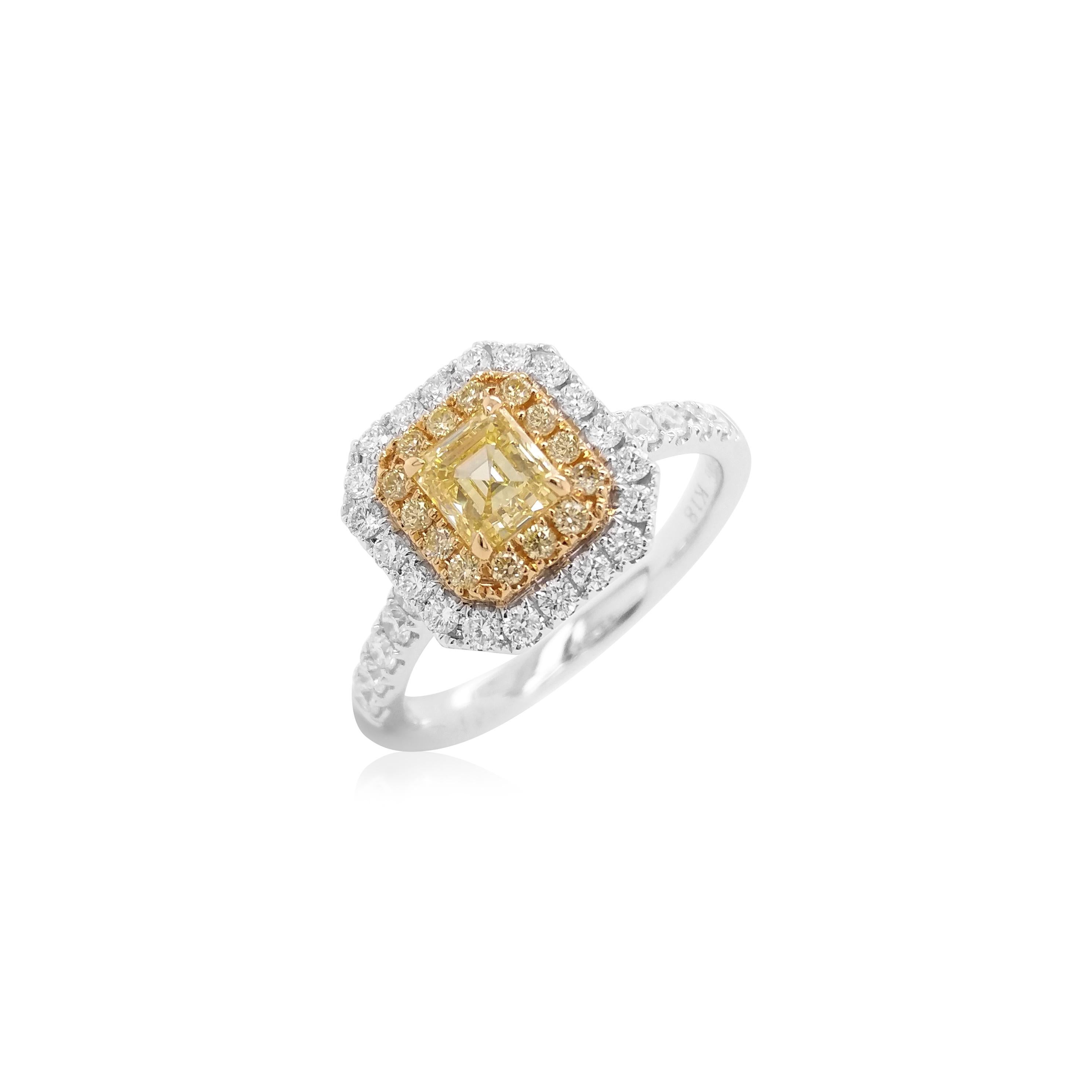 Emerald Cut GIA Certified Yellow Diamond White Diamond 18K Gold Engagement Ring