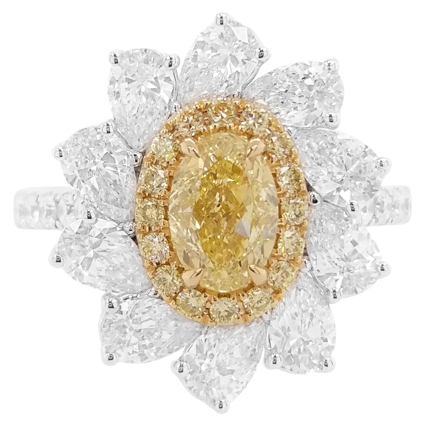 Bague de fiançailles en or 18 carats avec diamant jaune certifié GIA et diamant blanc