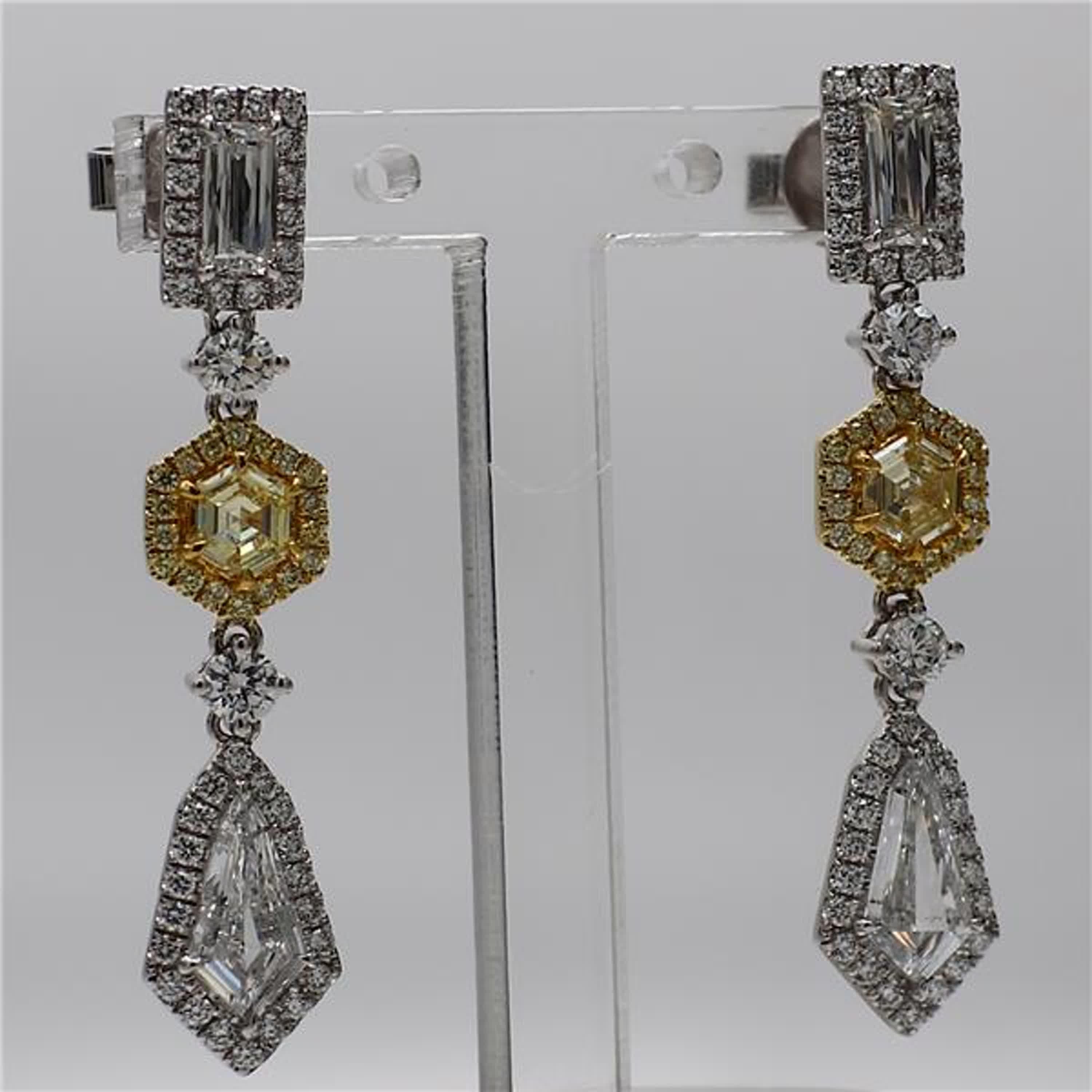 GIA Certified Yellow Hexagon and White Kite Diamond 2.54 Carat Tw Gold Earrings 1