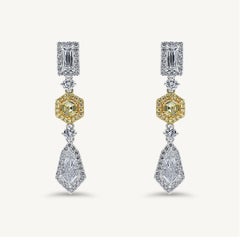 GIA Certified Yellow Hexagon and White Kite Diamond 2.54 Carat Tw Gold Earrings