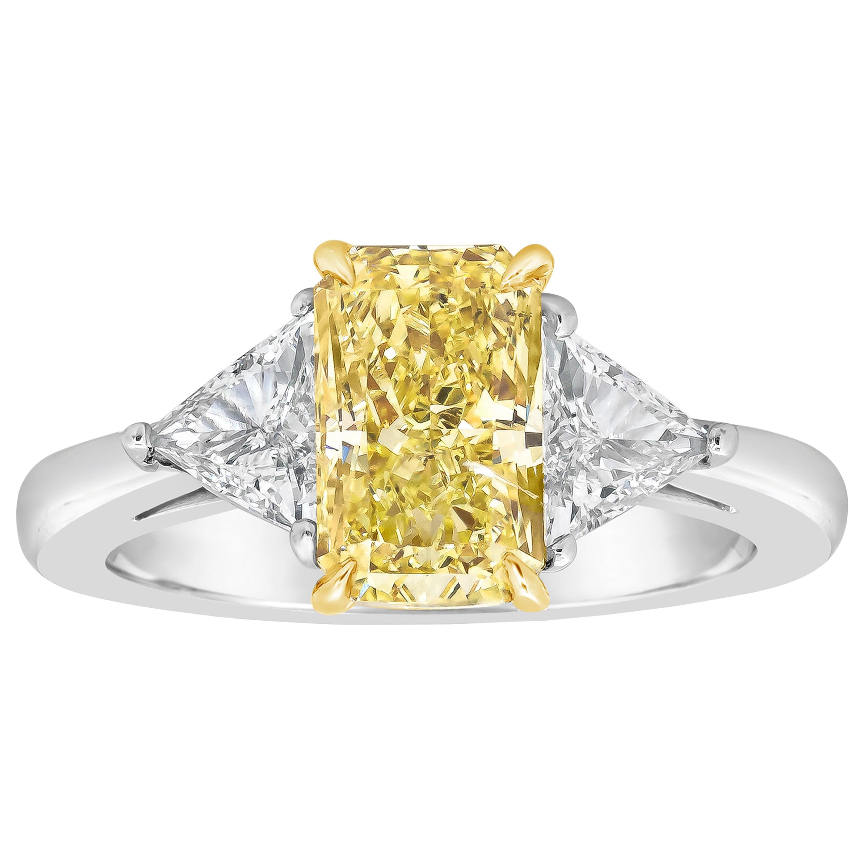 GIA Certified 2.02 Carat Radiant Cut Yellow Diamond Three Stone Engagement Ring