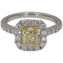 GIA Certified Natural 1.22 Carat Yellow Radiant and White Diamond Platinum Ring