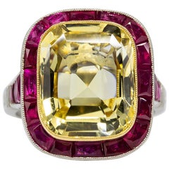 GIA Certified Yellow Sapphire and Ruby Platinum and 18 Karat Yellow Gold Ring