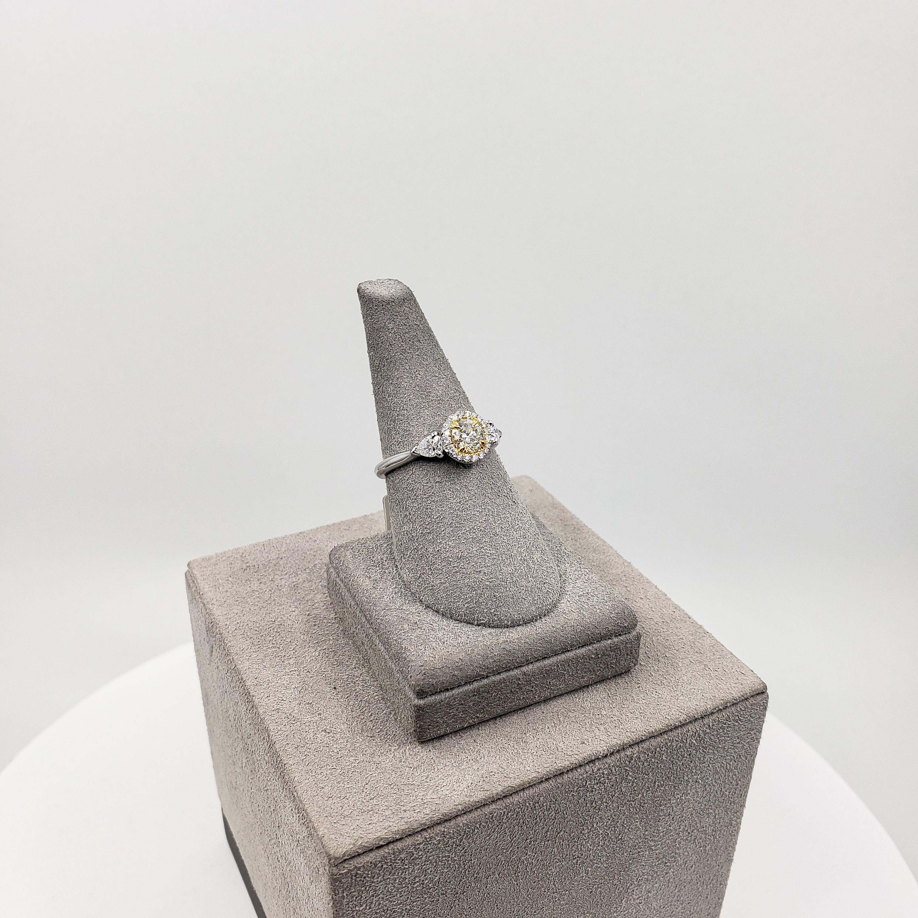 Women's GIA Certified 0.50 Carat Yellowish Diamond Halo Three-Stone Engagement Ring For Sale