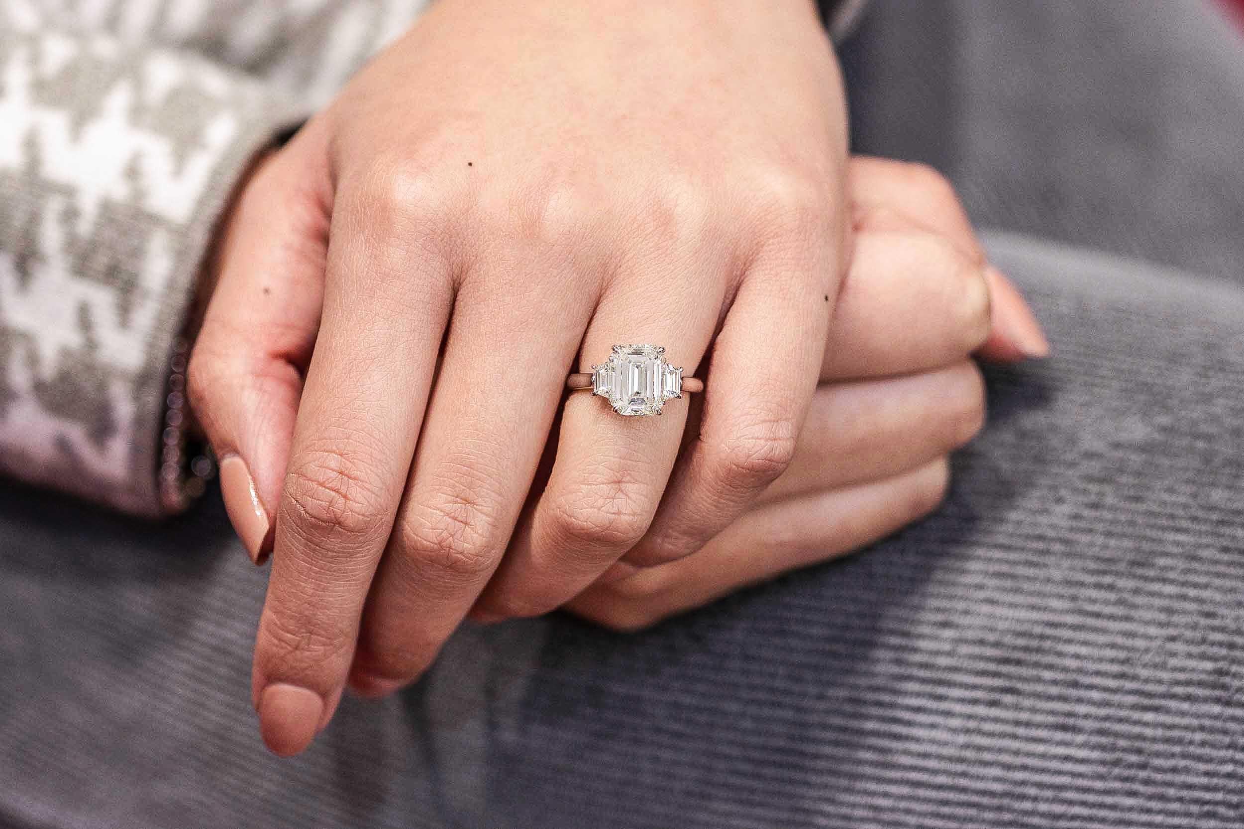 Women's GIA Certified 3.21 Carat Emerald Cut Diamond Three-Stone Engagement Ring