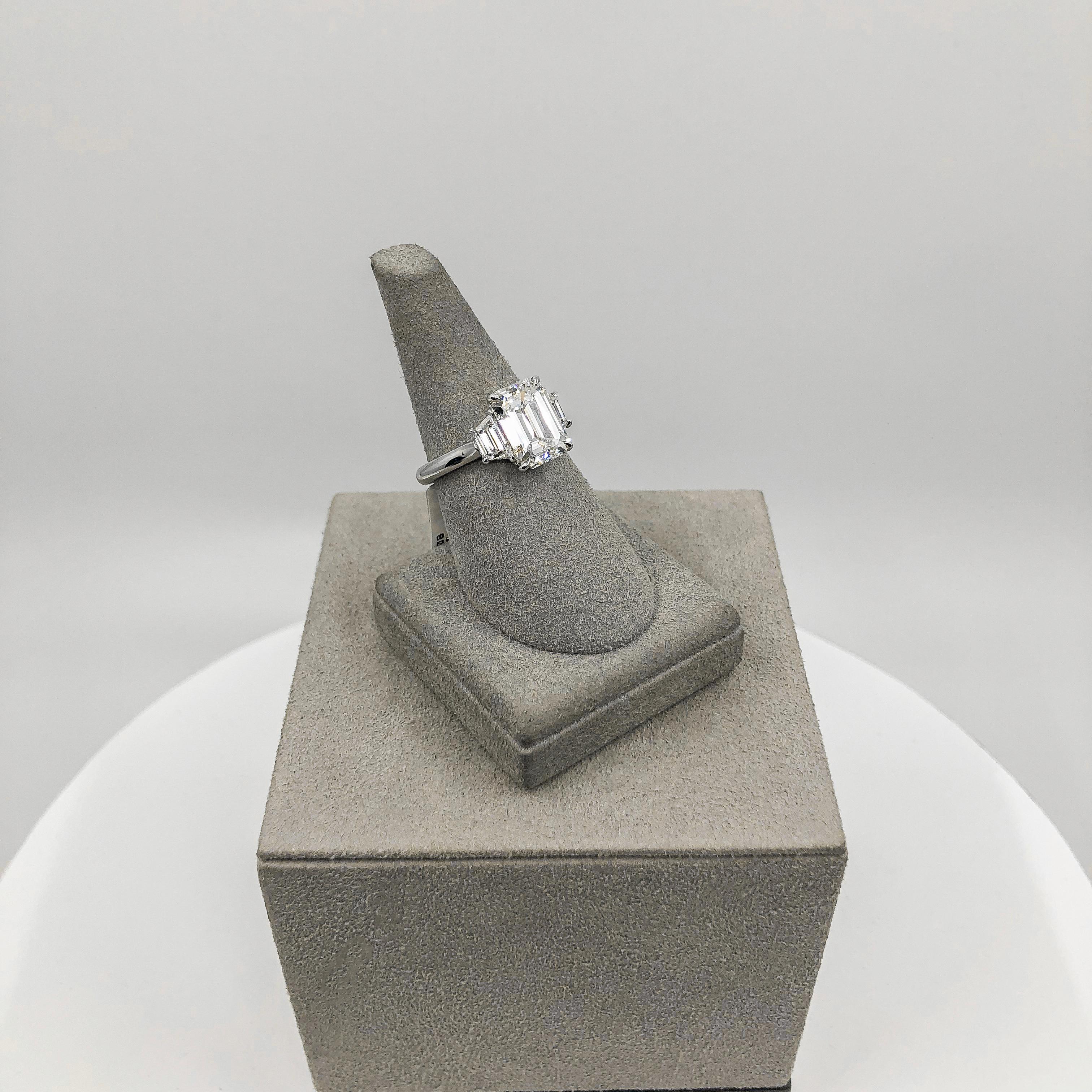 GIA Certified 3.21 Carat Emerald Cut Diamond Three-Stone Engagement Ring 3