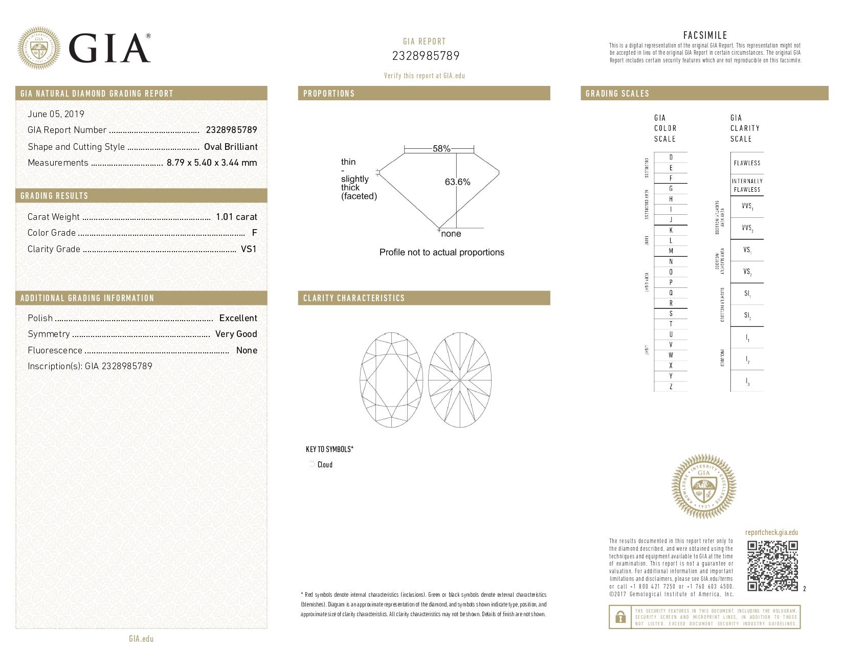 GIA-Zertifikat 1,01 Karat Ovaler F VS1 Diamant-Verlobungsring im Zustand „Hervorragend“ im Angebot in New York, NY
