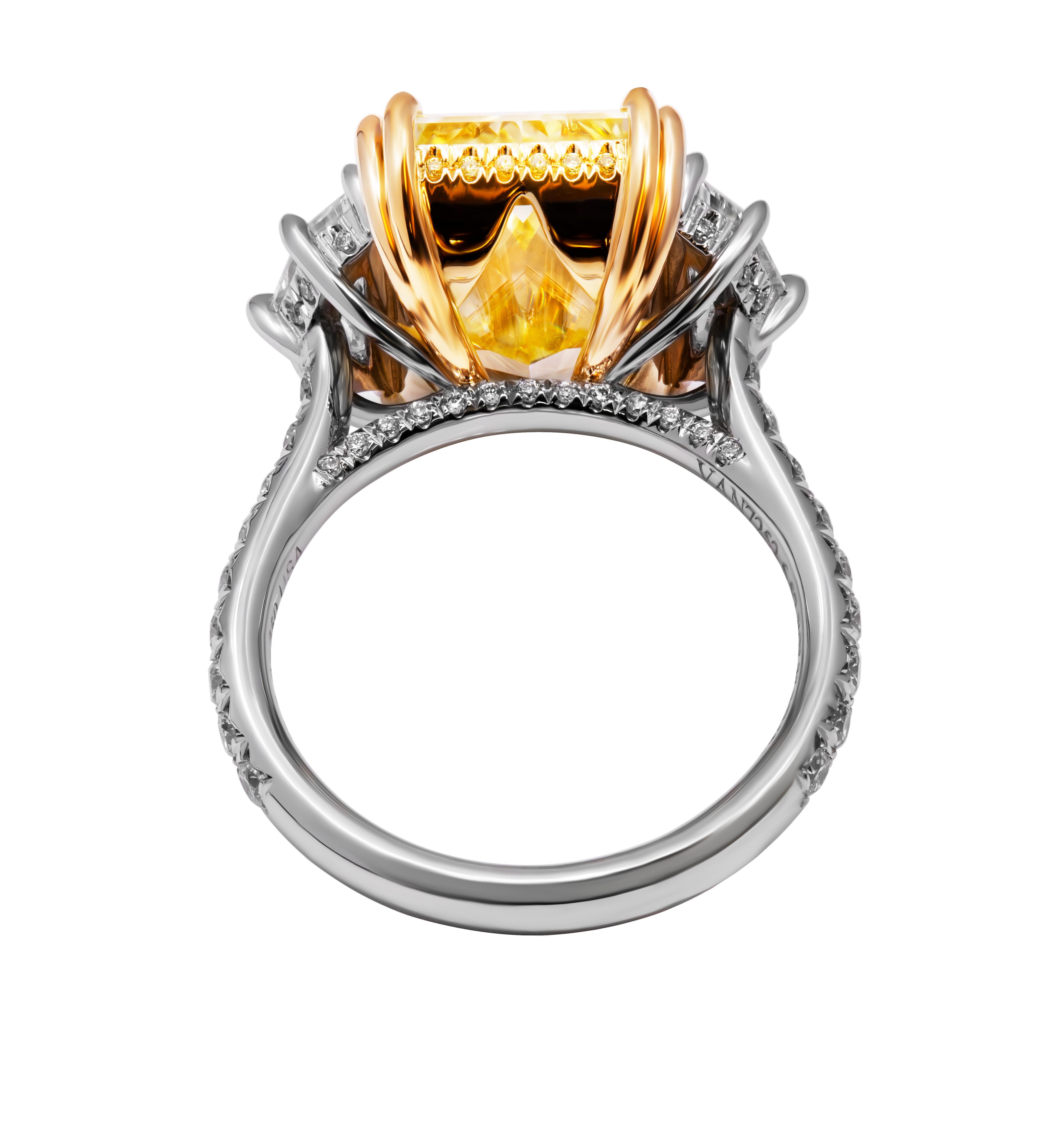 GIA Certifies 3 stone ring with 6.57ct Fancy Light Yellow Radiant Cut Diamond In New Condition For Sale In New York, NY