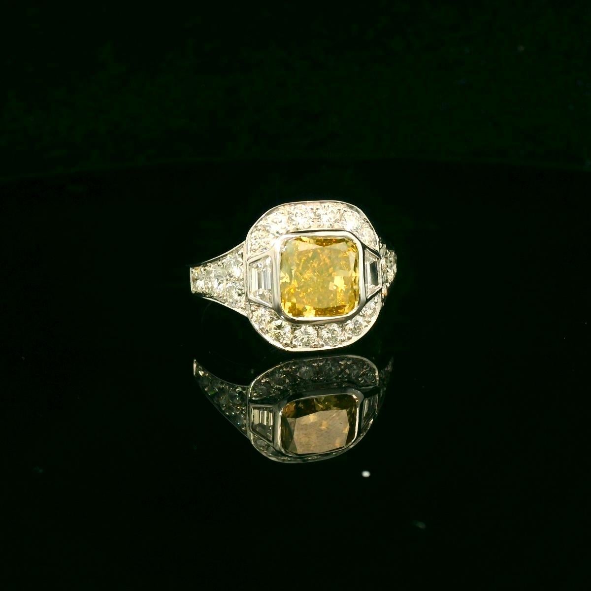 Cushion Cut GIA certified brownish yellow 2.63 Carats diamond ring For Sale