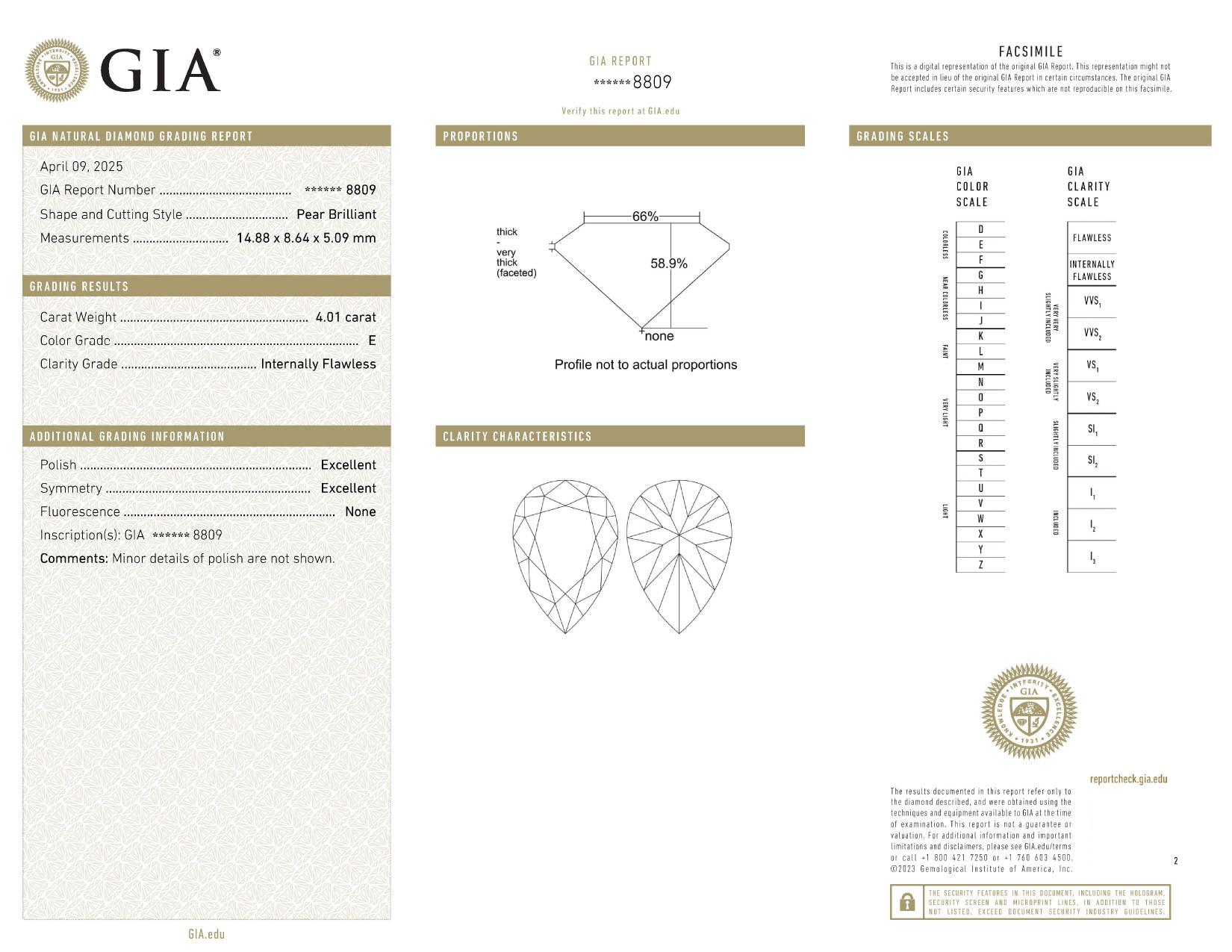 GIA Certifiied 4.01 Carat Pear Cut E Color IF Clarity Diamond Engagement Ring In New Condition For Sale In Chicago, IL