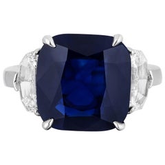 GIA Certifiied 7.38 Carat Natural No Heat Cushion Blue Sapphire Diamond Ring