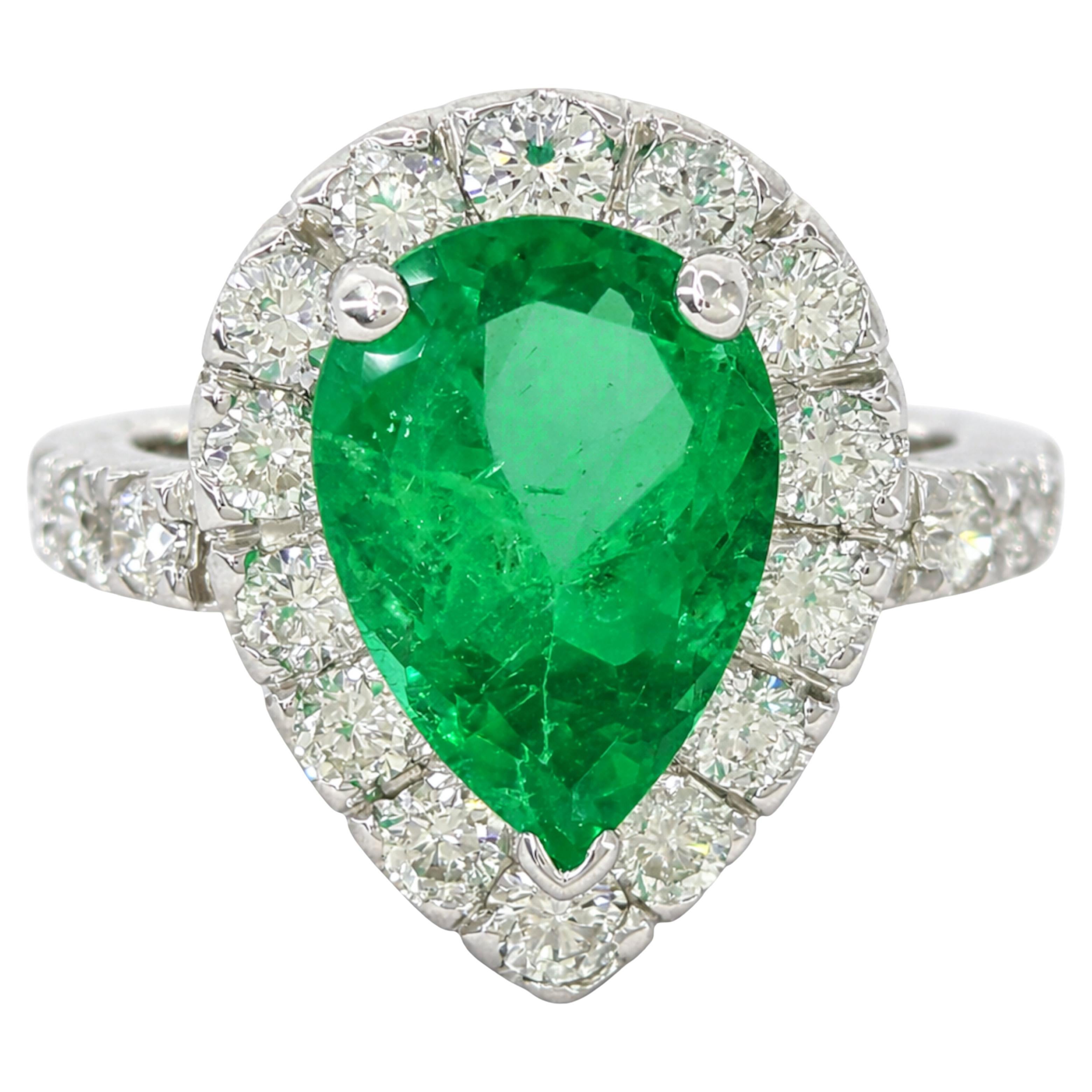 GIA Cetified 5 Ct. NO OIL INVESTMENT GRADE Pear Cut Colombian Emerald Ring For Sale