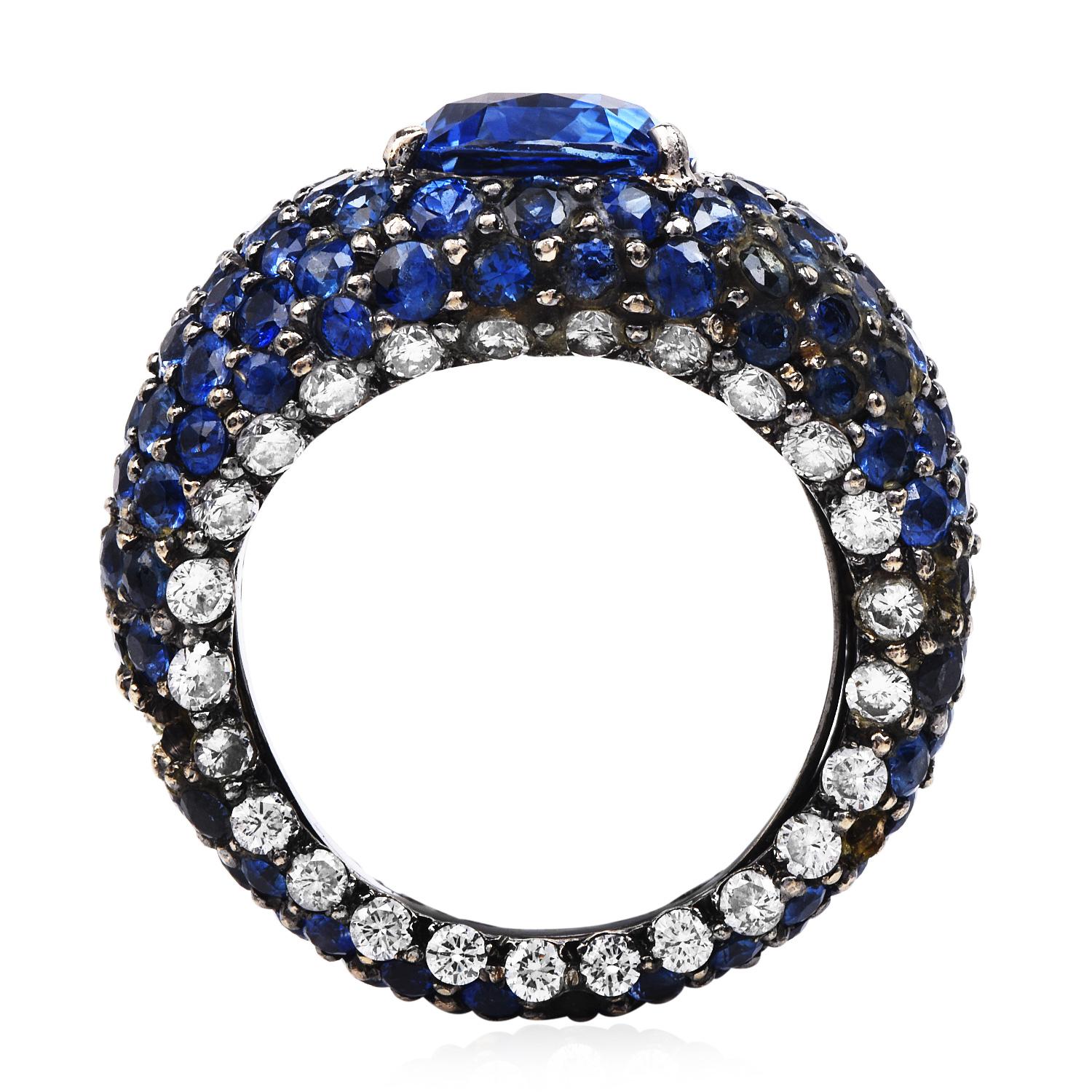 Cushion Cut GIA Ceylon Blue Sapphire Diamond 18K Gold Cluster Cocktail Ring For Sale