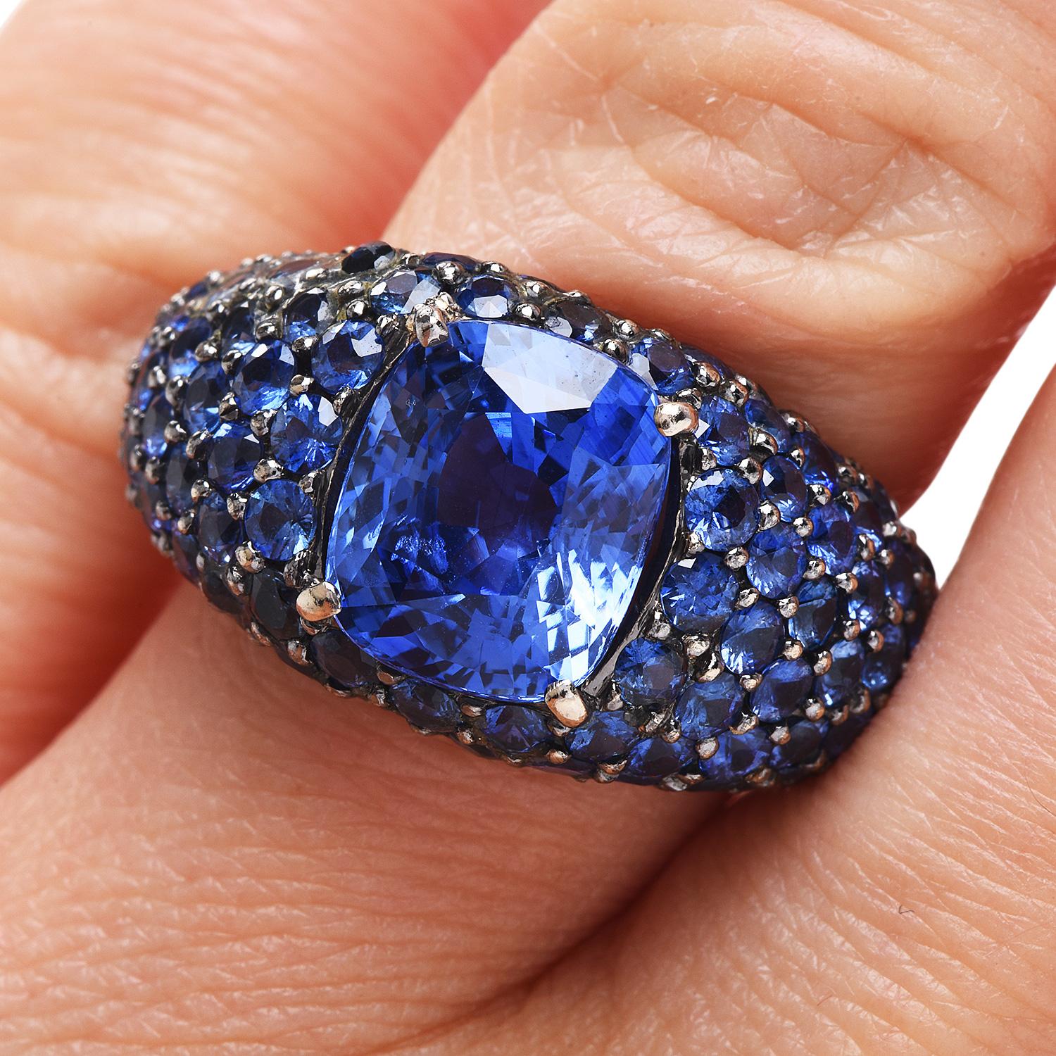 GIA Ceylon Blue Sapphire Diamond 18K Gold Cluster Cocktail Ring In Excellent Condition For Sale In Miami, FL