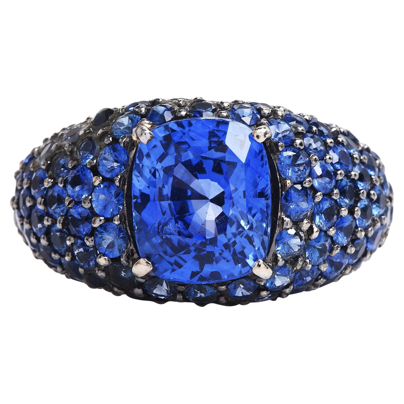 GIA Ceylon Blue Sapphire Diamond 18K Gold Cluster Cocktail Ring For Sale