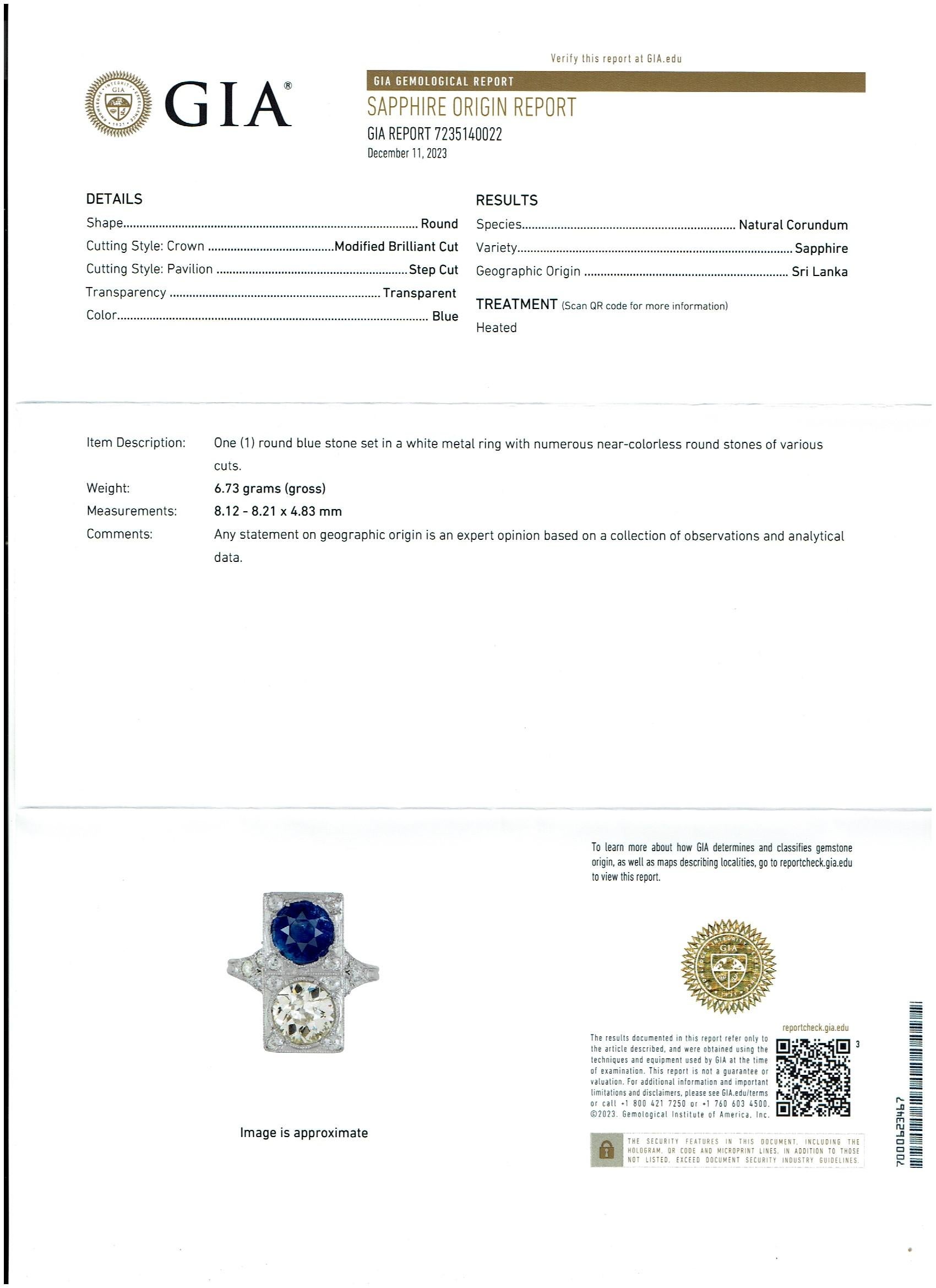 GIA CEYLON  Saphir bleu & Old Minor 3 CT Diamond Cocktail Ring Platinum Estate en vente 8