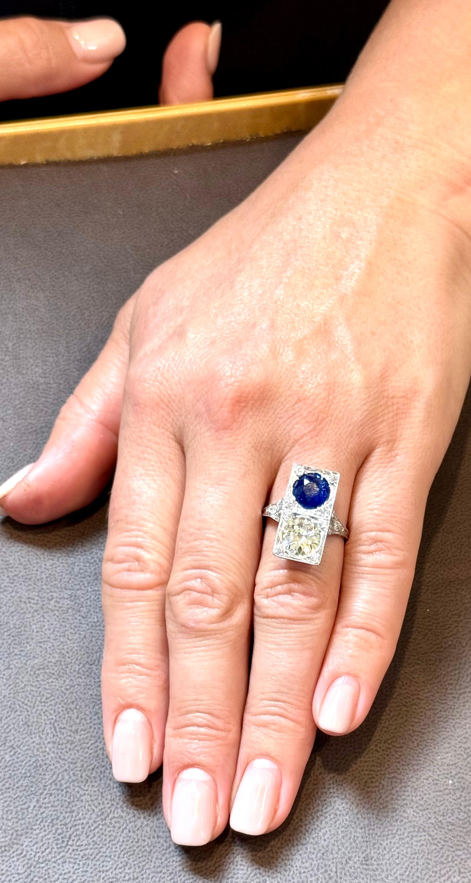 GIA CEYLON  Zafiro Azul y Antiguo Menor 3 CT Anillo de Cóctel de Diamantes Platino Estate en venta 11