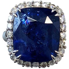 GIA Ceylon Cushion Blue Sapphire and White Diamond Cocktail Ring in Platinum