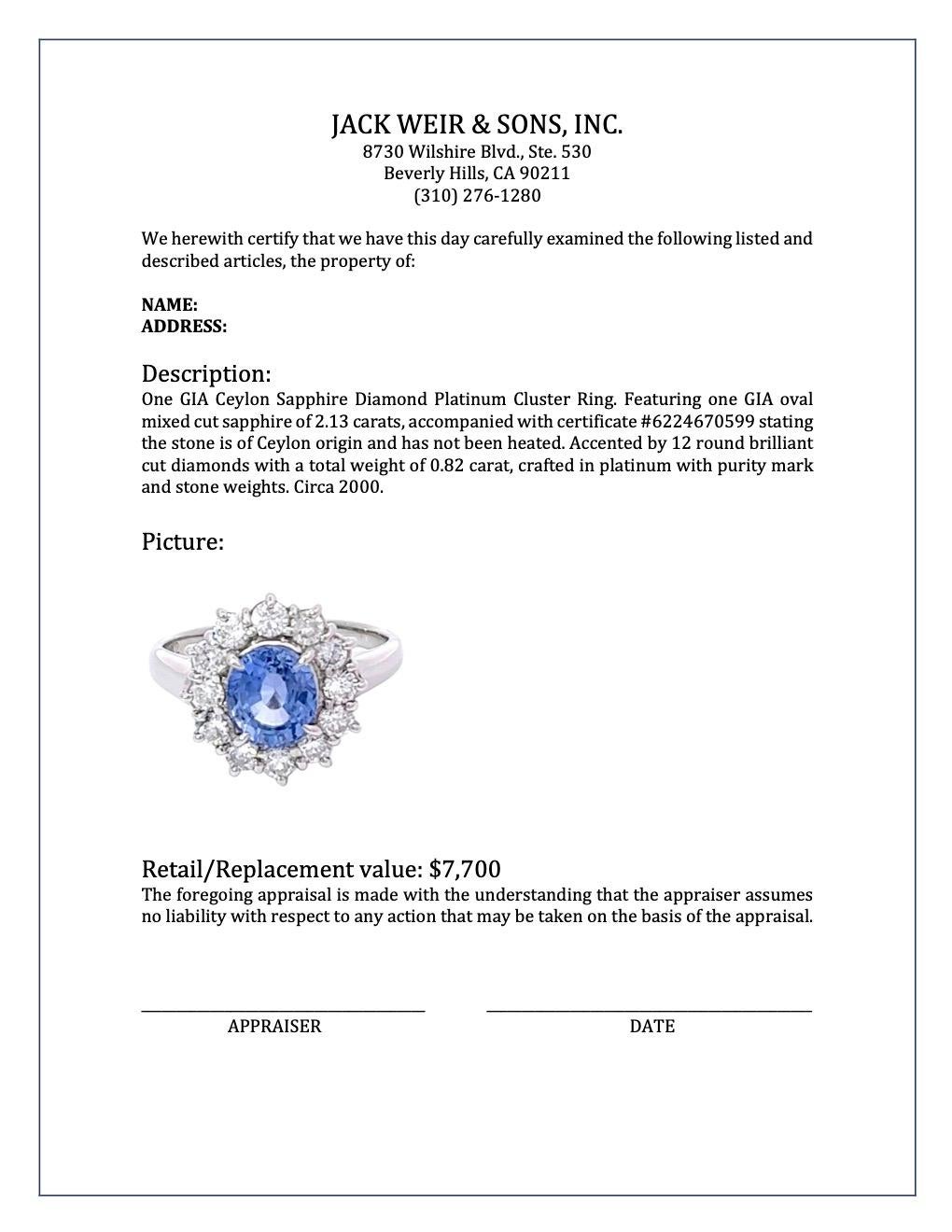 GIA Ceylon Sapphire Diamond Platinum Cluster Ring 3