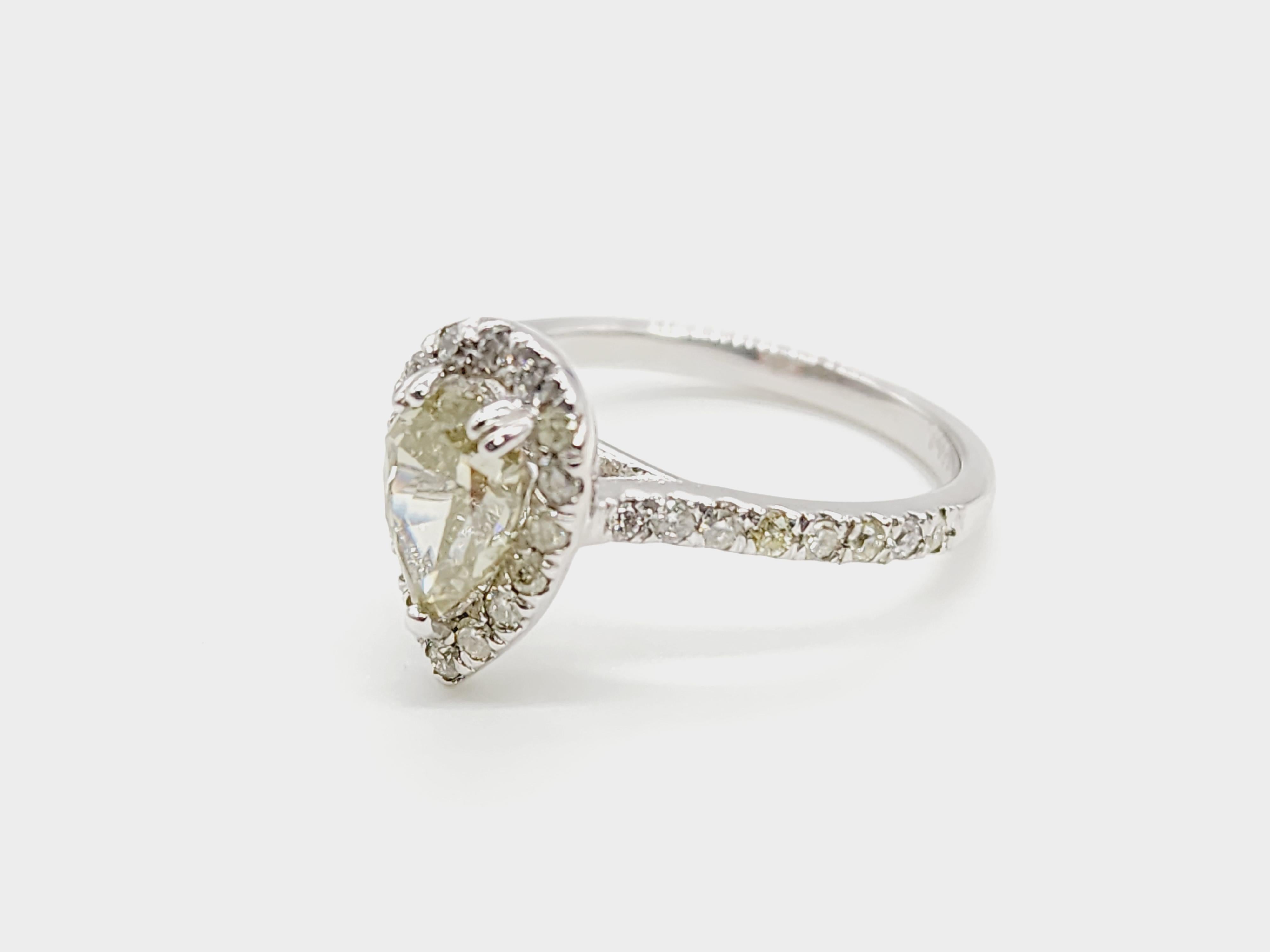 GIA CHAMELEON 1,11 carati Anello con diamante giallo fantasia a forma di pera in oro bianco 14K 2