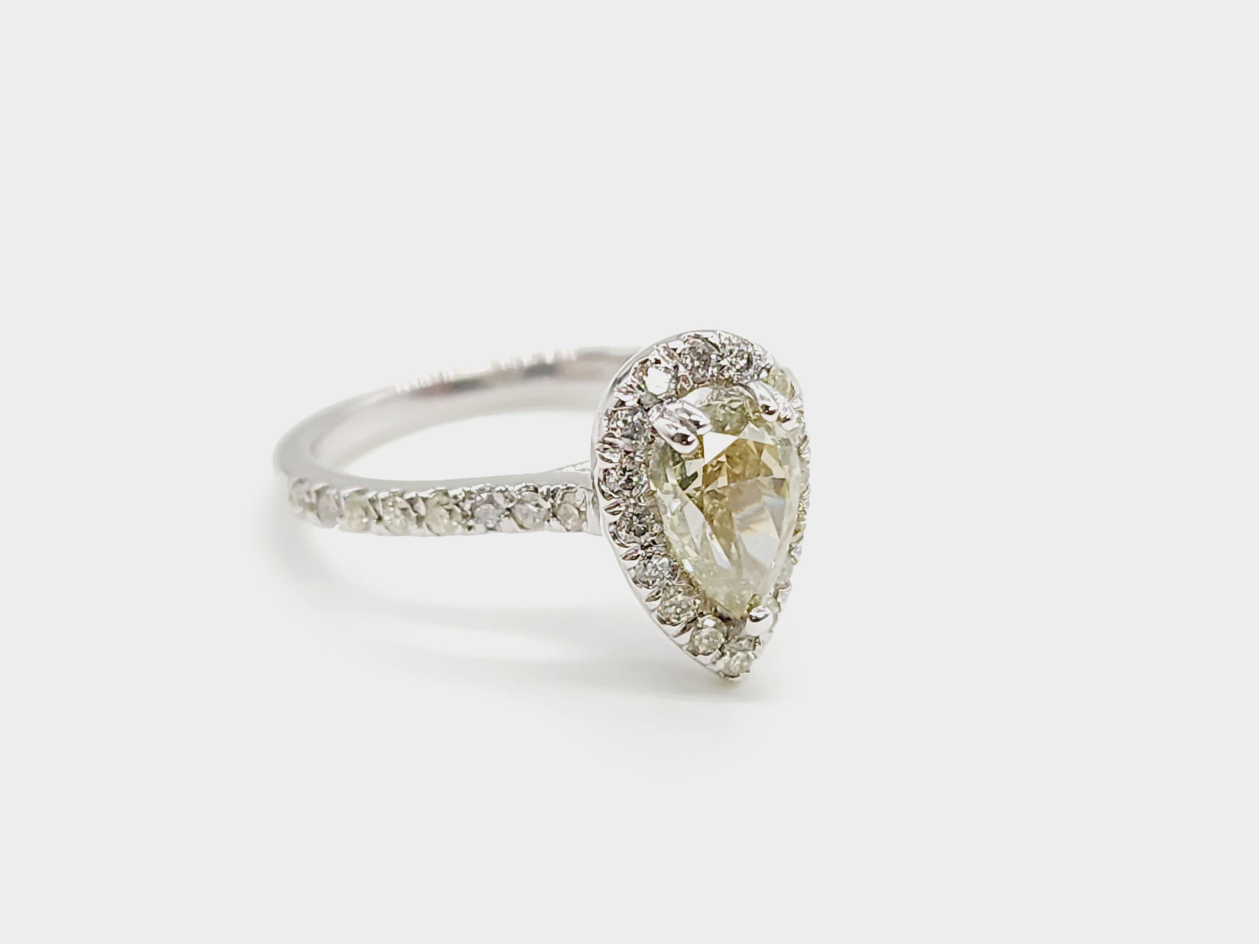 GIA CHAMELEON 1,11 carati Anello con diamante giallo fantasia a forma di pera in oro bianco 14K 3