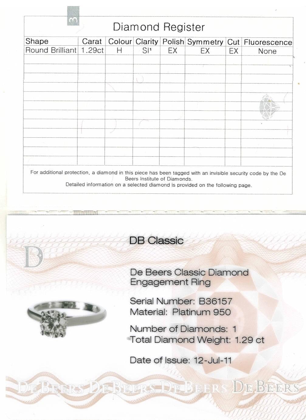 GIA Classic DeBeers Platinum Round Diamond Solitaire Engagement Ring 1.29ct HSI1 4