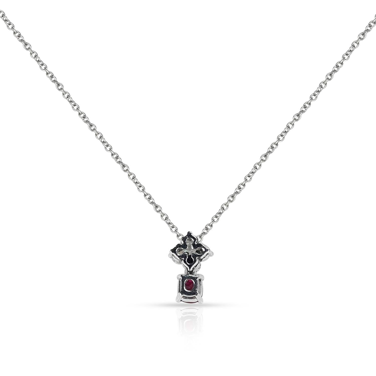 Halskette mit GIA-Anhänger in Kleeblattform, Diamant und ovaler Rubin, Platin (Ovalschliff) im Angebot