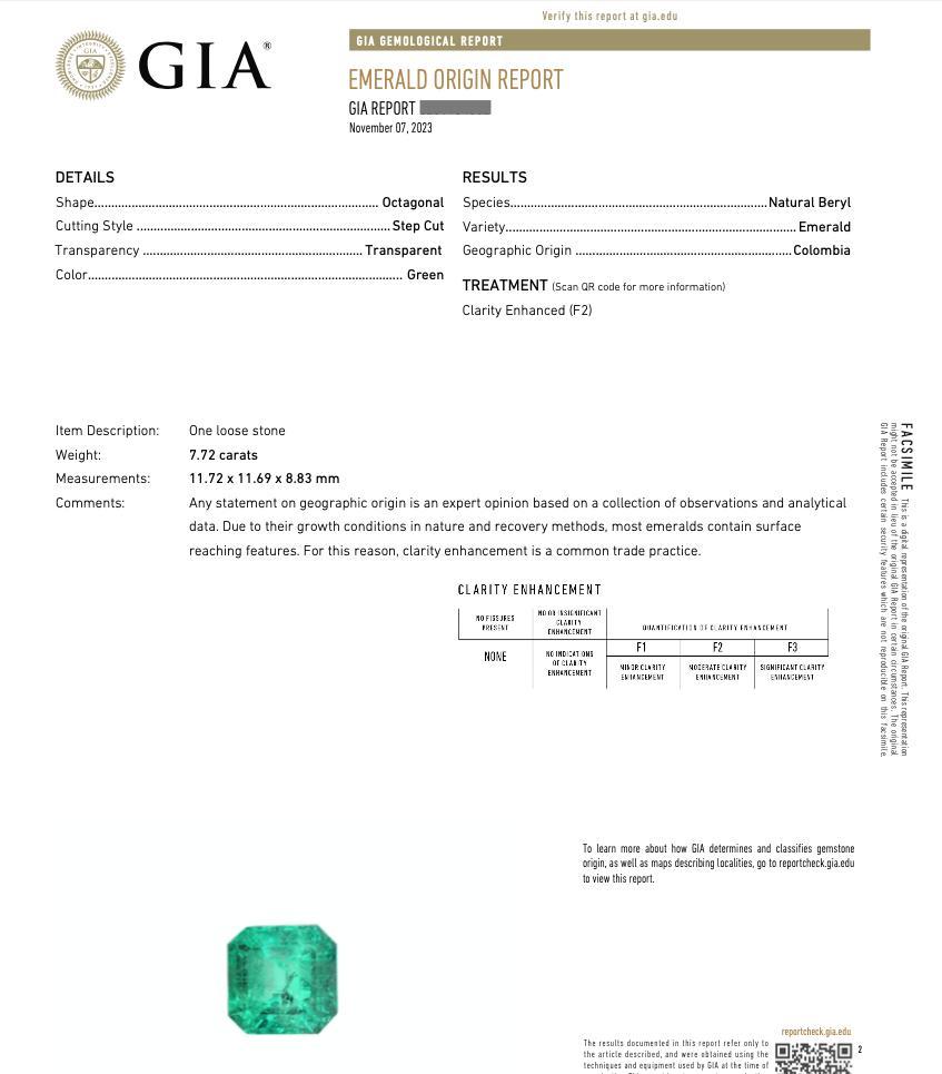 Square Cut GIA Colombian 7.72 carat Emerald in Three Stone Ring in 18k Yellow Gold For Sale