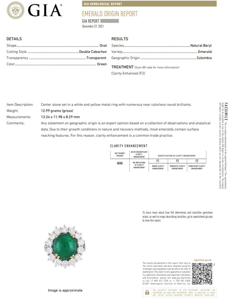 GIA Colombian 9 Carat Emerald Cabochon & Diamond Ring in 18K White Gold In Excellent Condition For Sale In La Jolla, CA