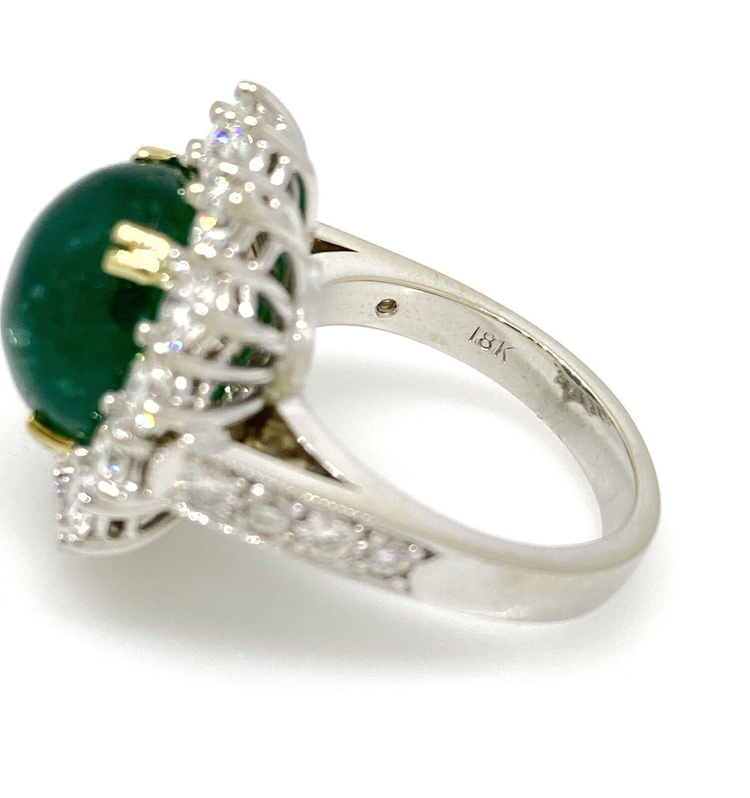 GIA Colombian 9 Carat Emerald Cabochon & Diamond Ring in 18K White Gold For Sale 1