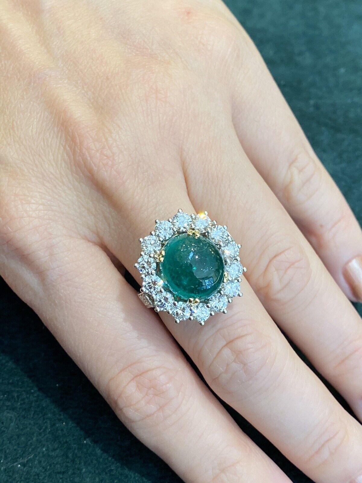 GIA Colombian 9 Carat Emerald Cabochon & Diamond Ring in 18K White Gold 3