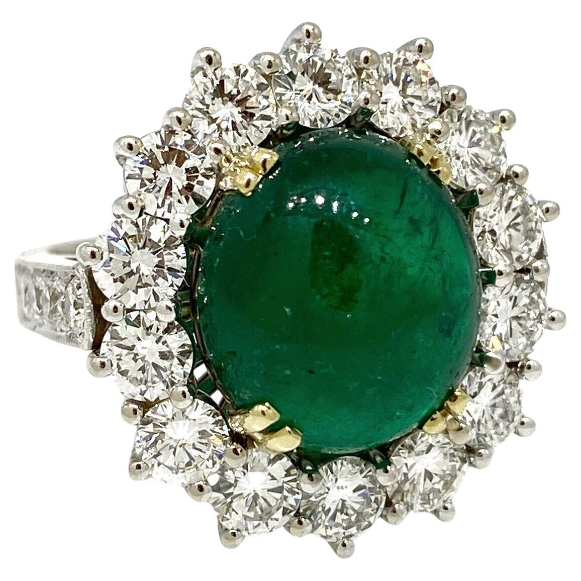GIA Colombian 9 Carat Emerald Cabochon & Diamond Ring in 18K White Gold For Sale