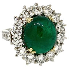 Vintage GIA Colombian 9 Carat Emerald Cabochon & Diamond Ring in 18K White Gold