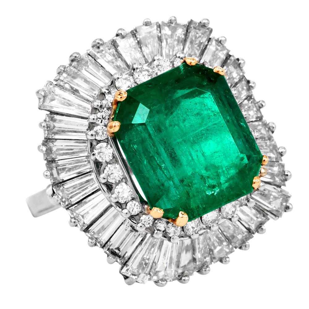 Emerald Cut GIA Colombian Emerald 12.64cts Diamond Platinum Ballerina Cocktail Ring For Sale