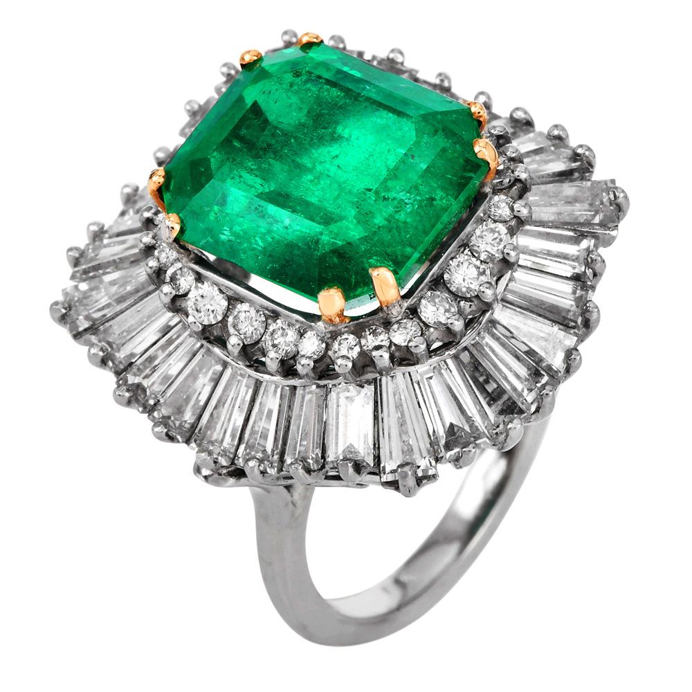 GIA Colombian Emerald 12.64cts Diamond Platinum Ballerina Cocktail Ring In Excellent Condition For Sale In Miami, FL