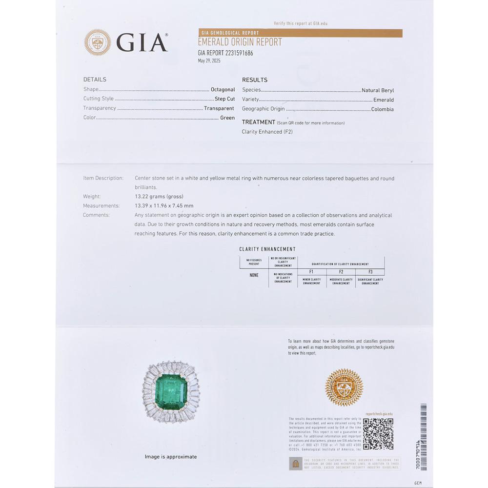 GIA Colombian Emerald 12.64cts Diamond Platinum Ballerina Cocktail Ring For Sale 2