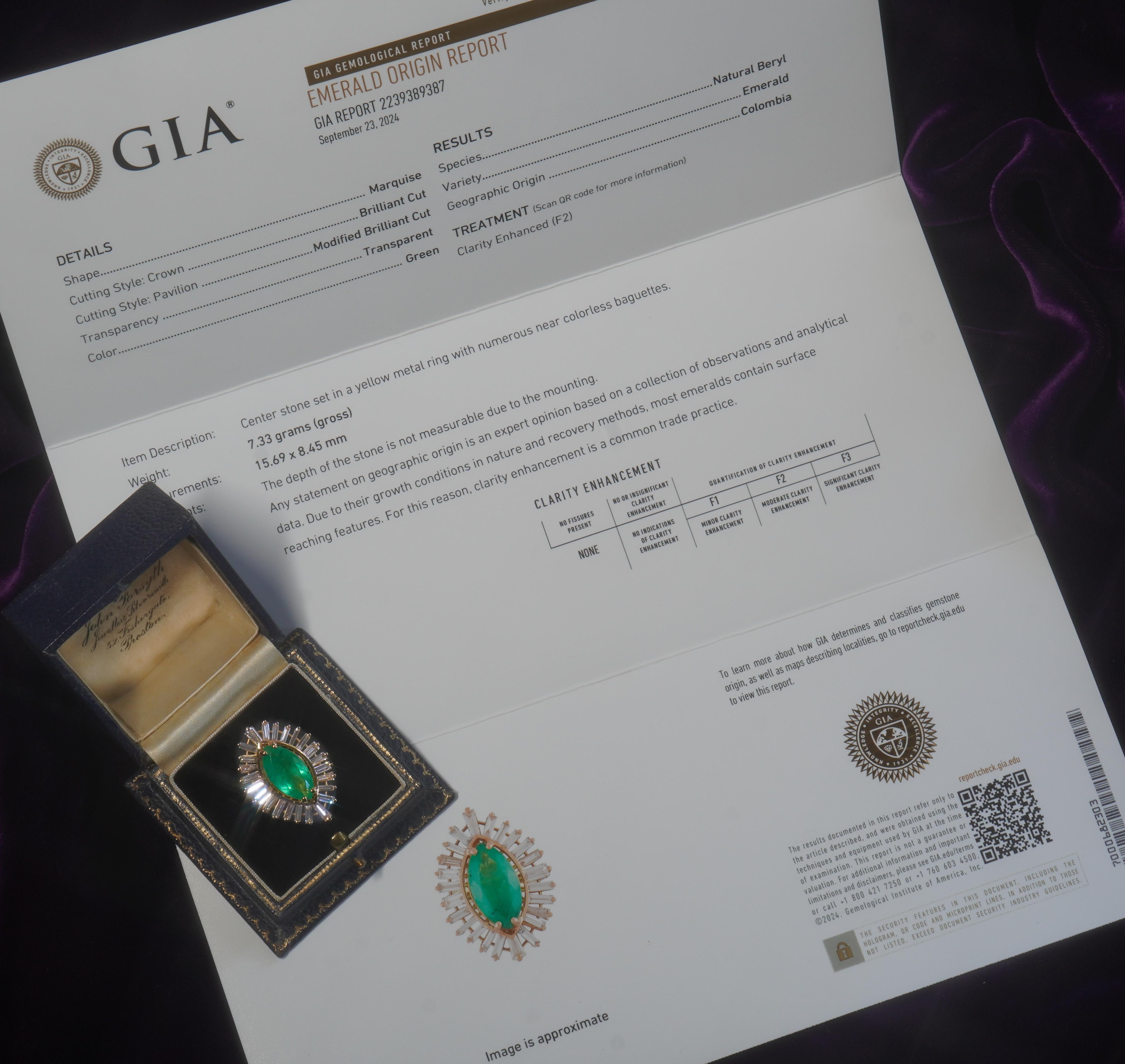 Old South Jewels se enorgullece de presentar VINTAGE LUXURY.   ¡ENORME DIAMANTE ESMERALDA COLOMBINA CERTIFICADO GIA 18K 8,21 QUILATES ANILLO VINTAGE!   ESMERALDA COLOMBINA NATURAL VINTAGE BRILLANTE DE 3,43 QUILATES.   CORONADA CON GRANDES DIAMANTES